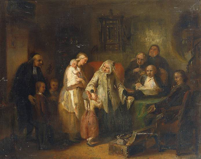 Anonymous Young widow and four children at the opening of the last will