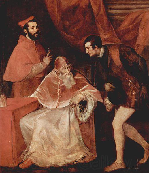 Titian Portrat des Papstes Paulus III mit Kardinal Alessandro Farnese und Herzog Ottavio Farnese. Norge oil painting art