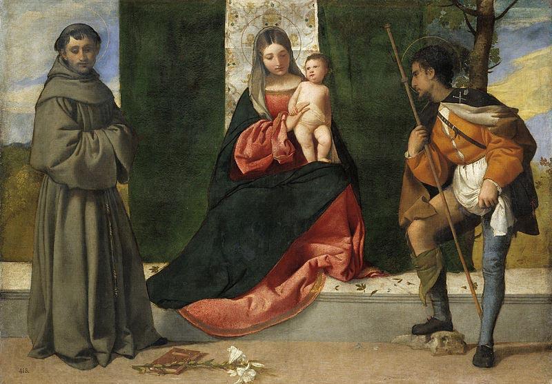 Titian La Virgen con el Nino, entre San Antonio de Padua y San Roque Spain oil painting art